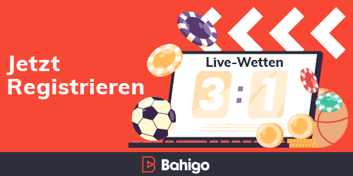 Laptop mit einer Live Wette Anzeige umgeben von Sport und Spielsymbolen neben dem Hinweis Jetzt Registrieren