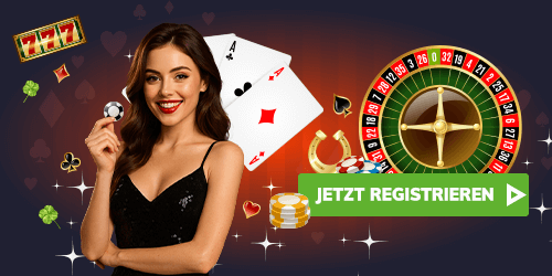 Frau neben Casino Symbolen wie Spielkarten Roulette und Chips mit einem grünen Jetzt Registrieren Hinweis