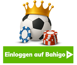 Fussball mit goldener Krone und Spielchips über einem grünen Einloggen auf Bahigo Feld