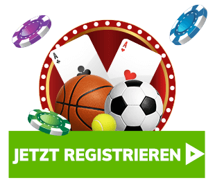 Spielkarten Sportbälle und bunte Chips vor einem runden Hintergrund über einem grünen Jetzt Registrieren Feld