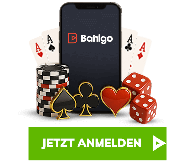 Smartphone mit Bahigo Logo umgeben von Karten Spielchips und Würfeln über einem Jetzt Anmelden Hinweis