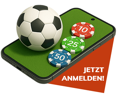 Smartphone mit einem Fussball und farbigen Spielchips neben dem Hinweis Jetzt Anmelden
