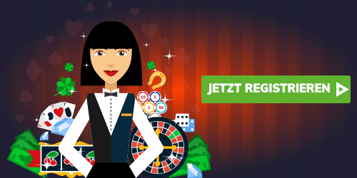 Illustration einer Dealerin vor Casino Symbolen neben einem grünen Jetzt Registrieren Feld