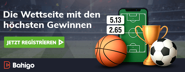 Sportbälle ein Pokal und ein Smartphone mit Wettquoten neben einem grünen Jetzt Registrieren Feld